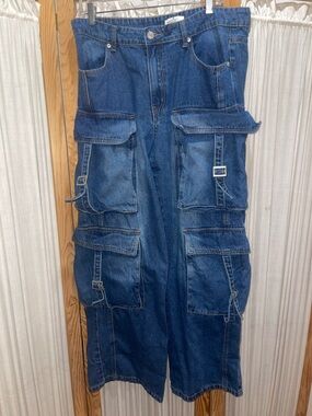 Women Dark Blue Denim Cargo Pants - Multi Pocket Utility Style